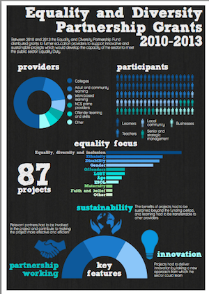 Equality and Diversity Partnership Grants 2010-2013 Image showing a screenshot form the infographic of the IES evaluation of the Skills Funding Agency/LSIS Equality, Diversity and Inclusion Partnership Funds 2010-2013