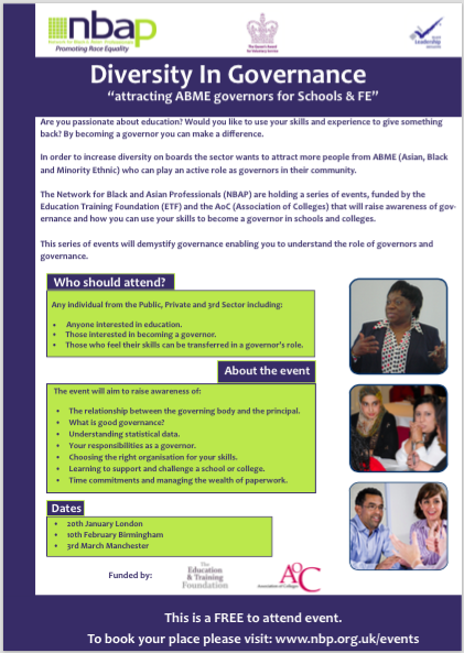 NBAP Diversity in Governance Workshops Screenshot of the flyer advertising the Network for Back and Asian Professionals Diversity in Governance workshops (2015)