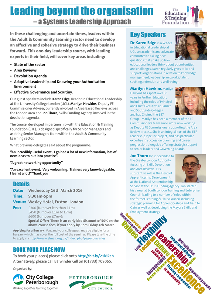 Image of the flier advertising the Leading beyond the organisation &ndash; a Systems Leadership Approach course